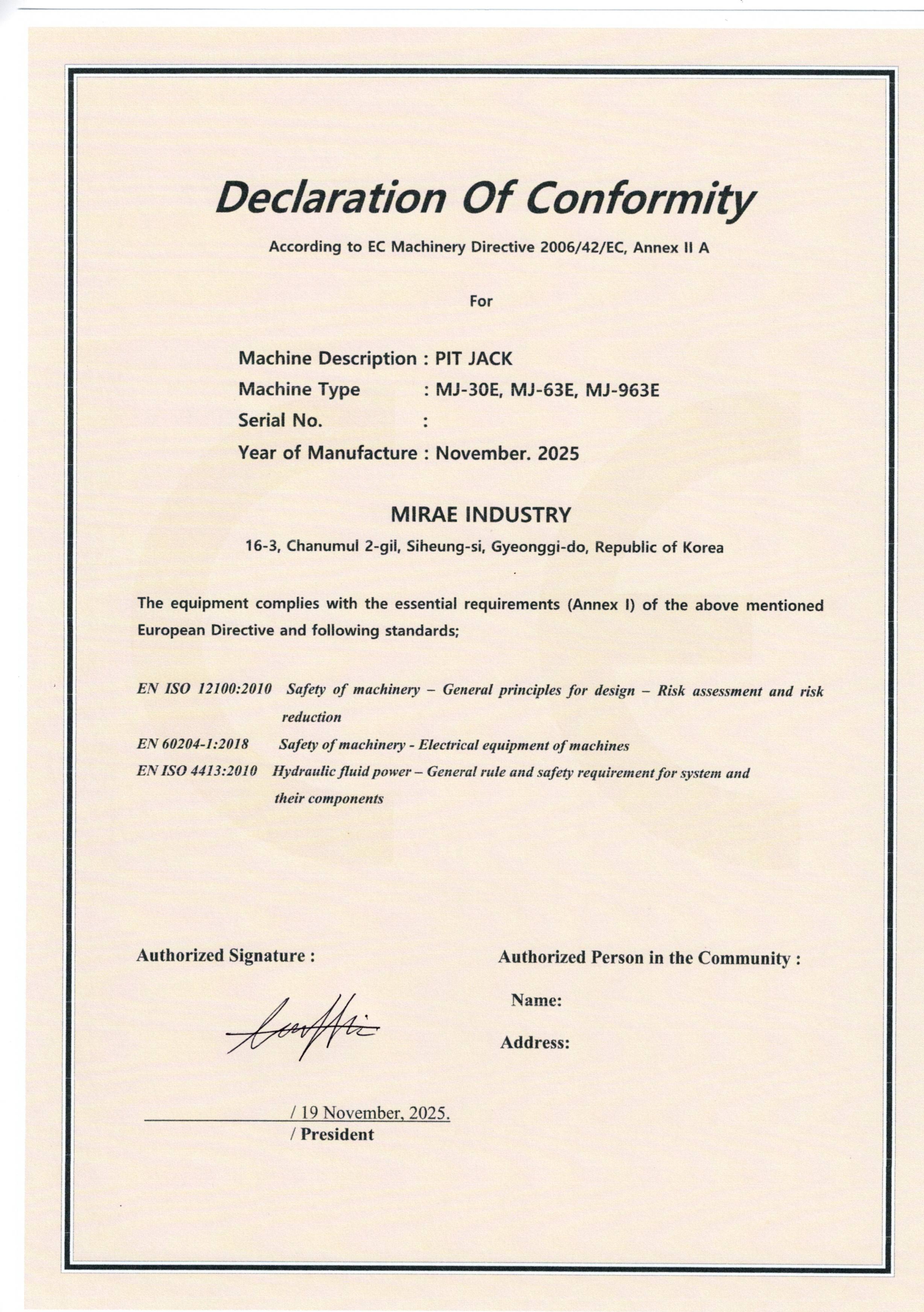 CE Certification (Pit lift)