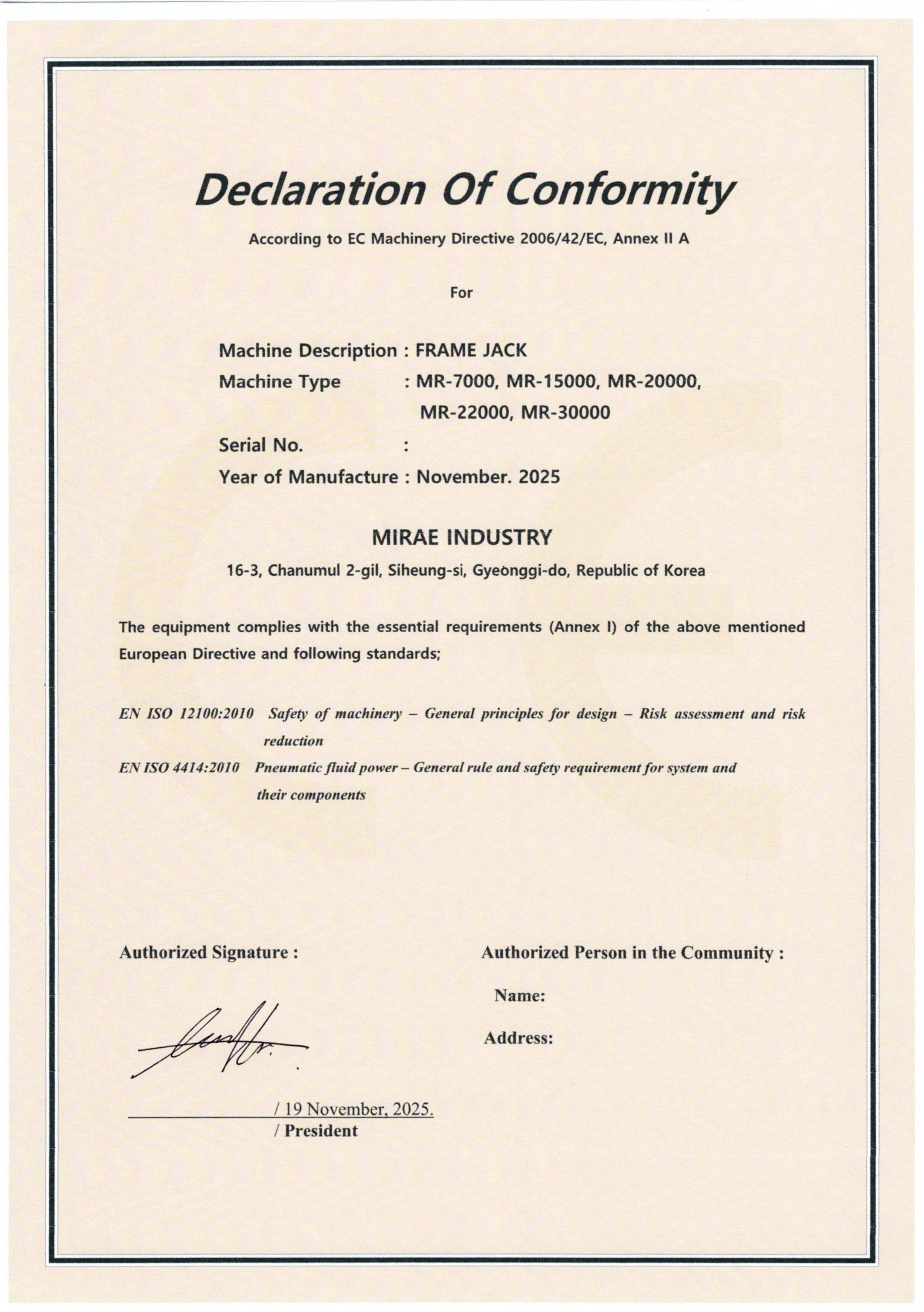 CE Certification (Frame Lift)